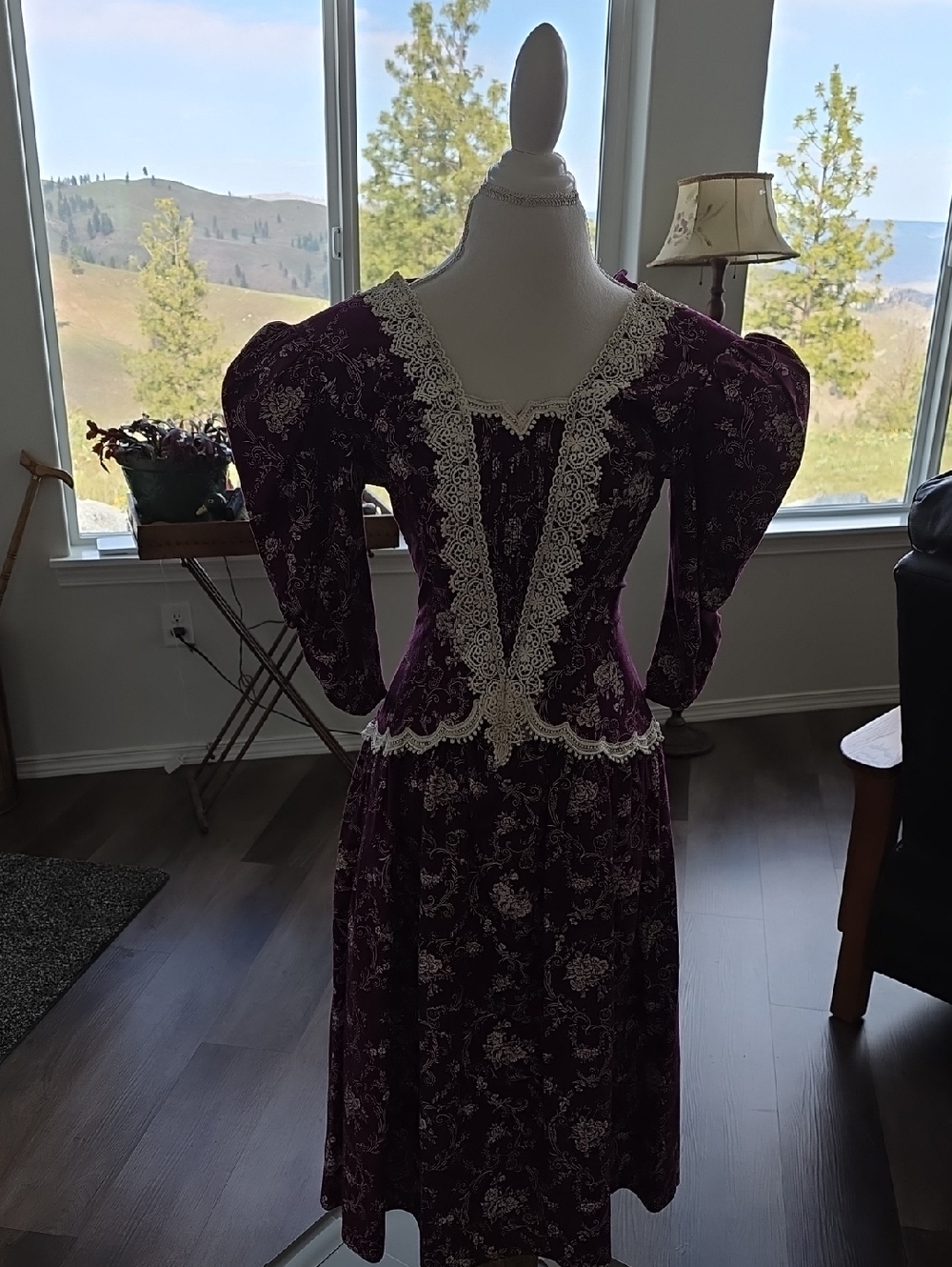 Vintage Gunne Sax Purple Lace-Trim Long Sleeve Dress by